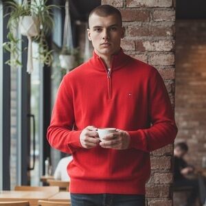 #207 Tommy Hilfiger Men's Bold Red Zip-Up Sweater